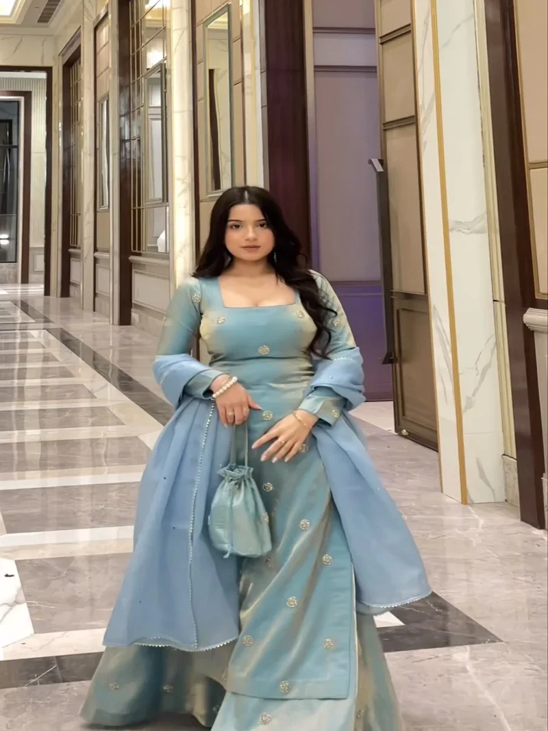 Sky Blue Fandy silk Sequnce Designer Salwar Kameez for Women - 5915