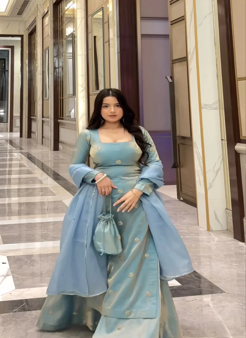 Sky Blue Fandy silk Sequnce Designer Salwar Kameez for Women - 5915