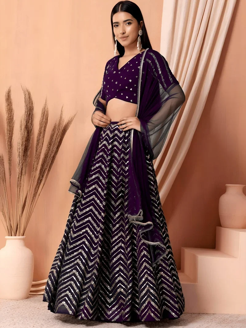Purple Georgette Thread & Sequins Embroidery Work Designer Lehenga Choli - 7094-Purple