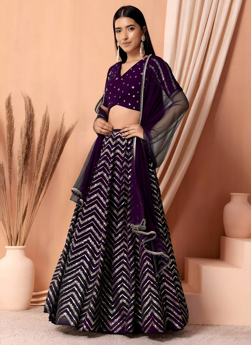 Purple Georgette Thread & Sequins Embroidery Work Designer Lehenga Choli - 7094-Purple