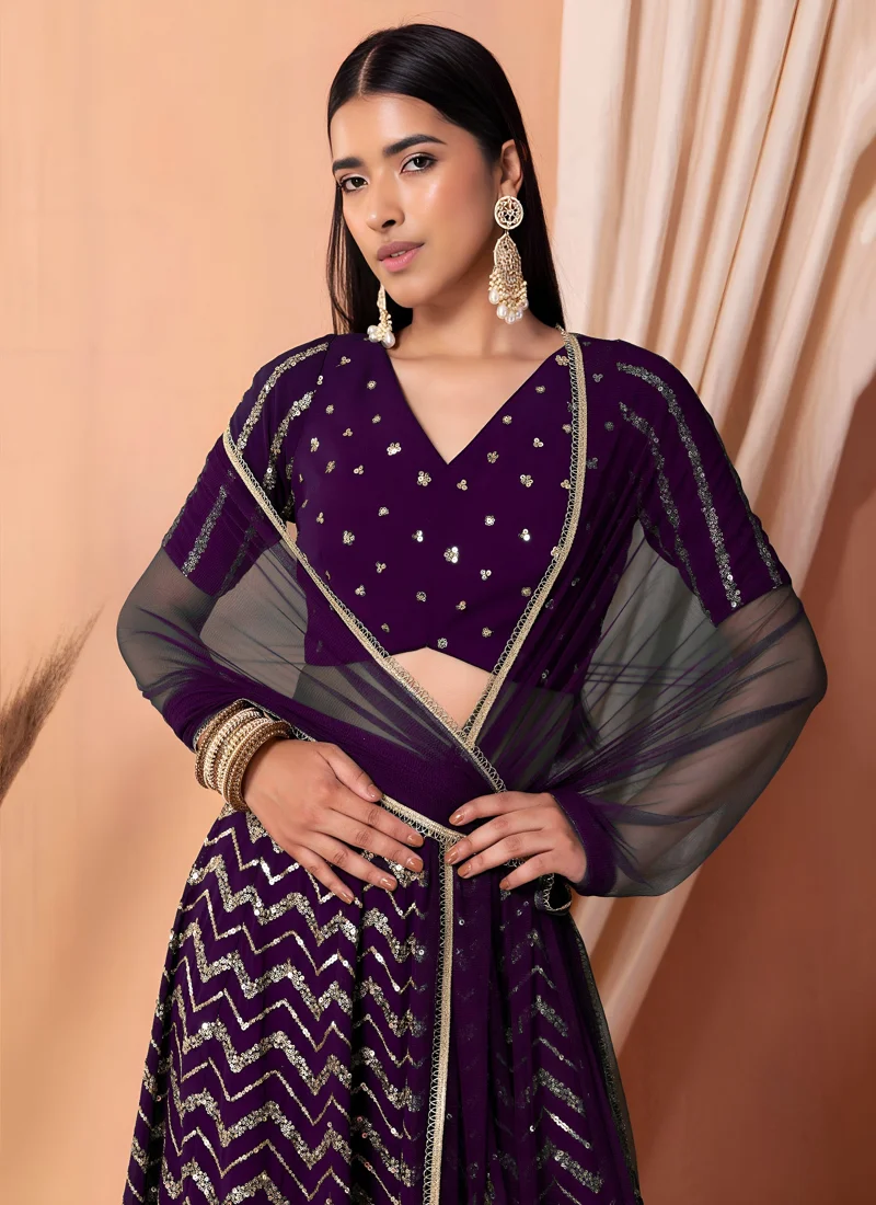 Purple Georgette Thread & Sequins Embroidery Work Designer Lehenga Choli - 7094-Purple - Image 2