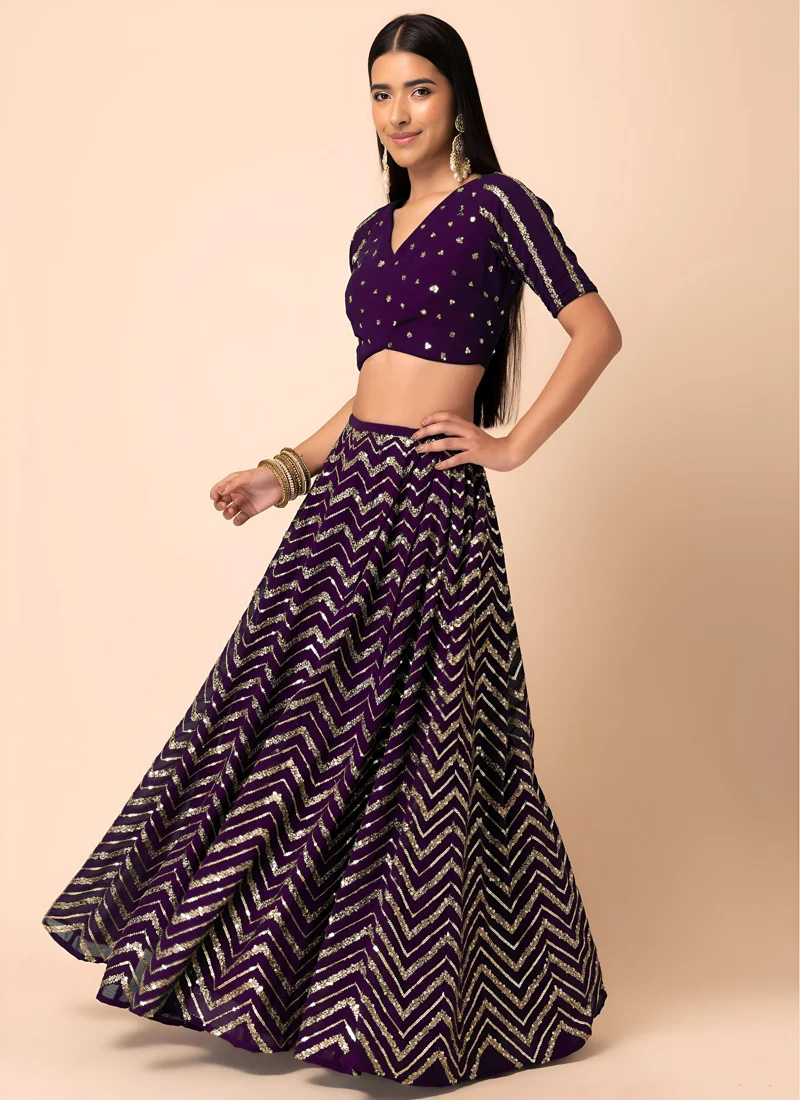 Purple Georgette Thread & Sequins Embroidery Work Designer Lehenga Choli - 7094-Purple - Image 4