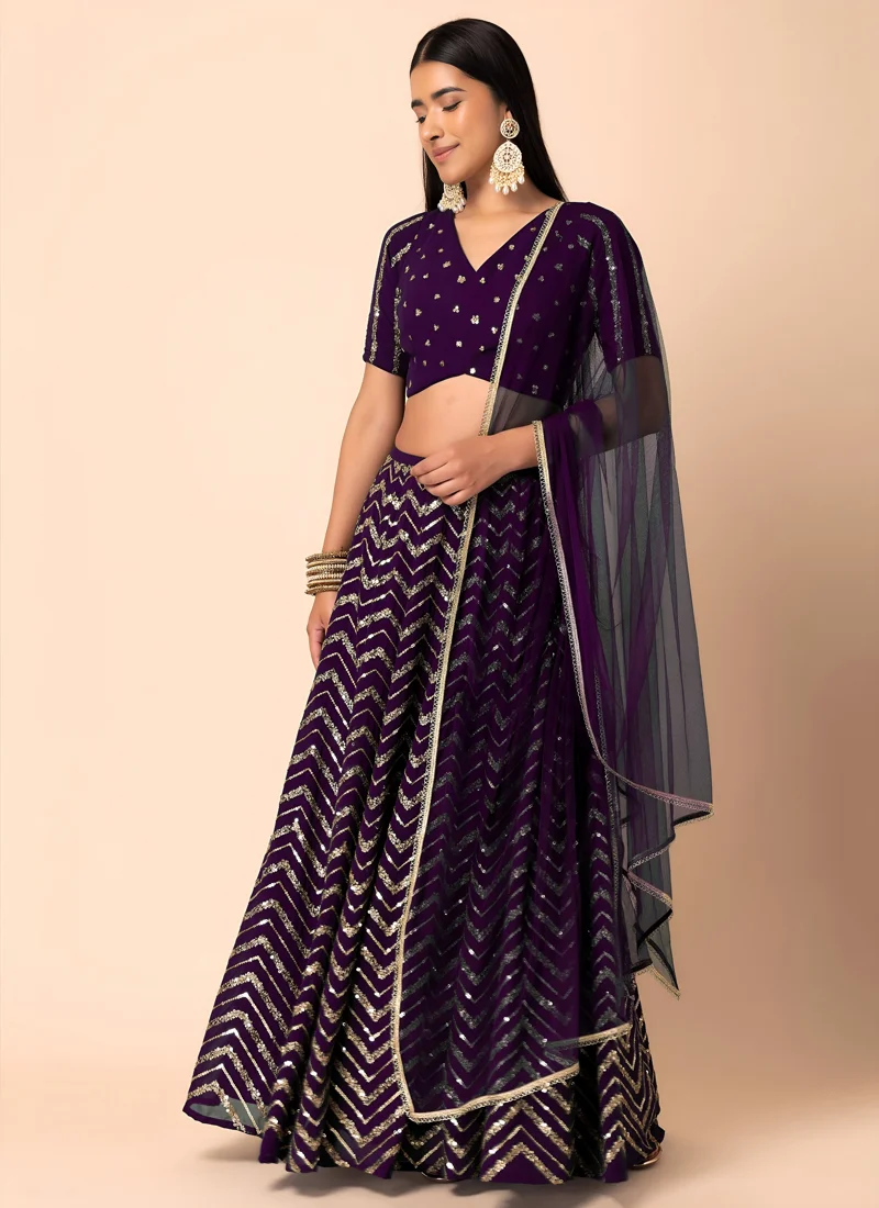 Purple Georgette Thread & Sequins Embroidery Work Designer Lehenga Choli - 7094-Purple - Image 5