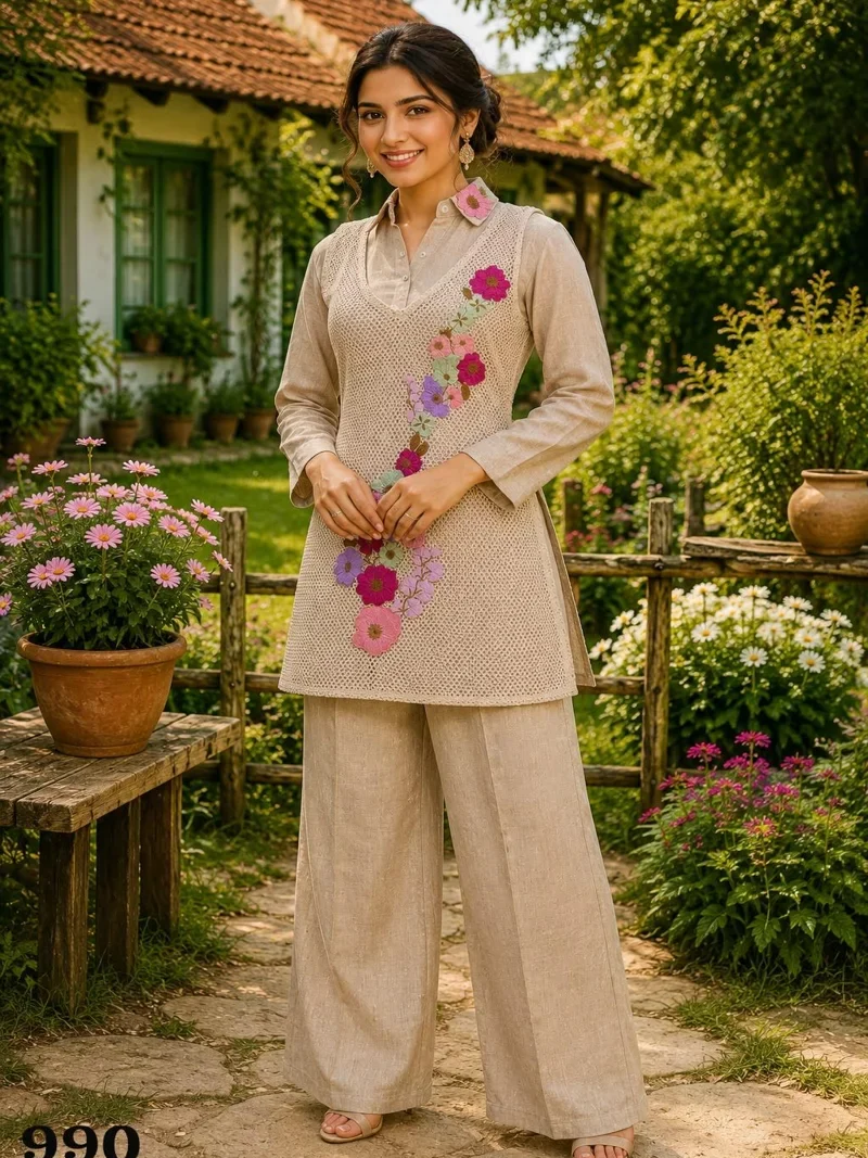 Beige • Premium Jute • Embroidered • Designer Co-ord Set - 990_HIT