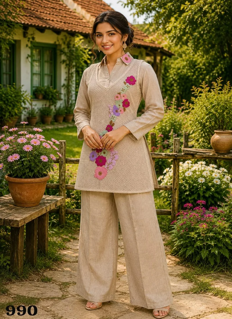 Beige • Premium Jute • Embroidered • Designer Co-ord Set - 990_HIT