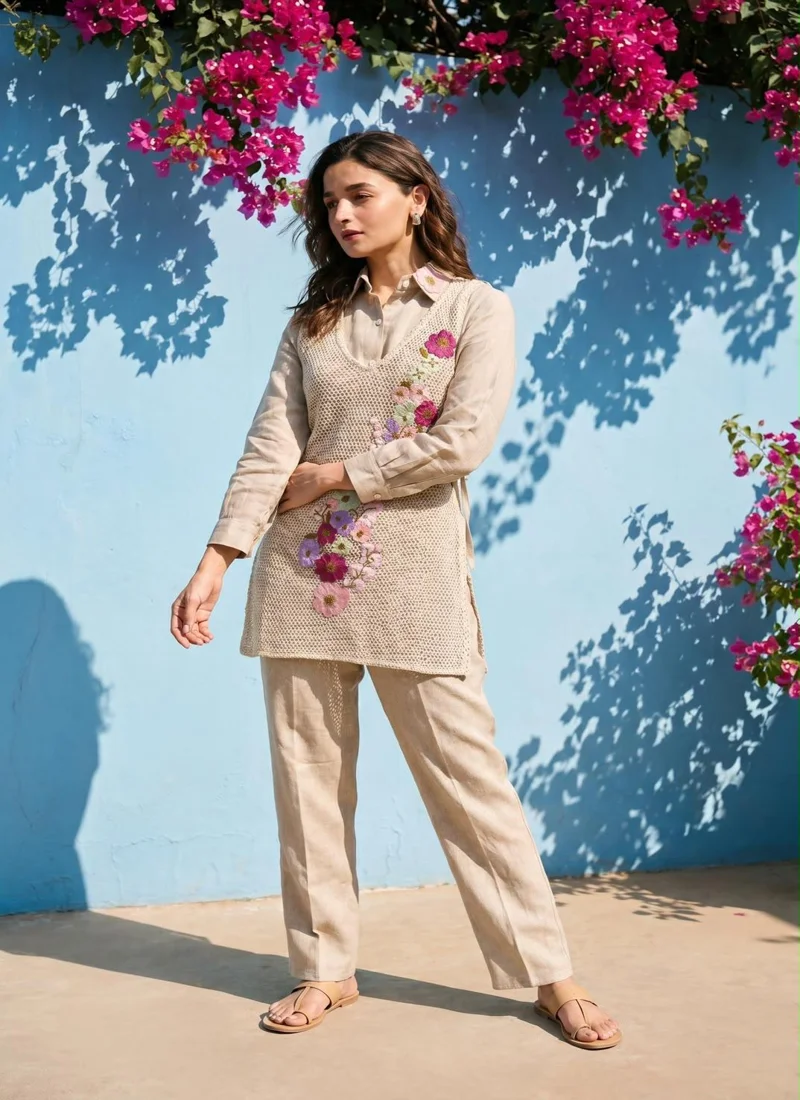Beige • Premium Jute • Embroidered • Designer Co-ord Set - 990_HIT - Image 2