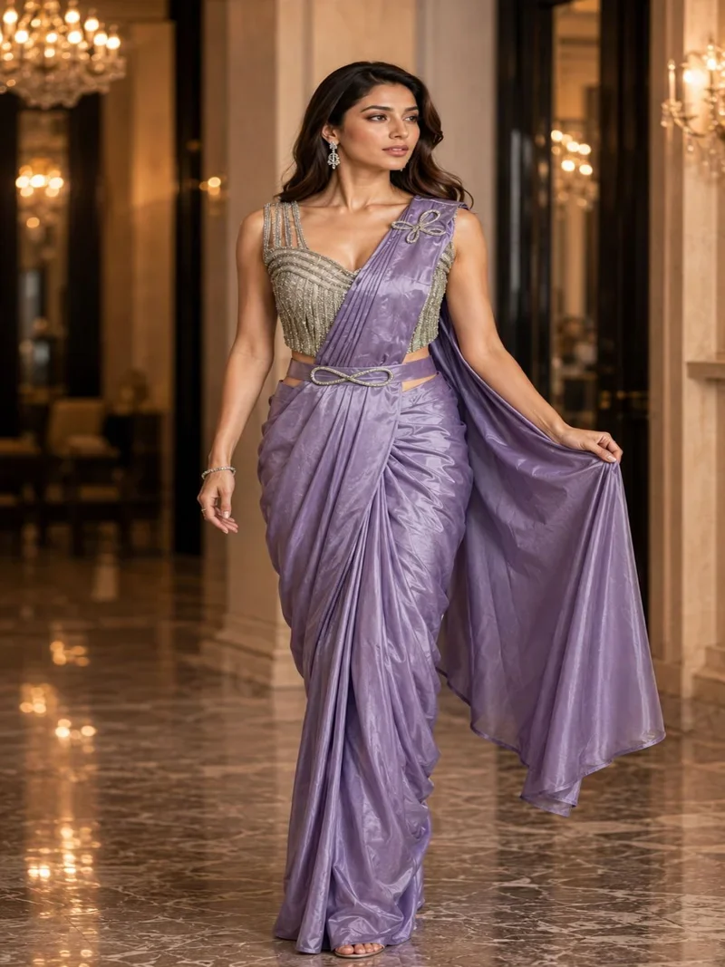 Light Purple Silk Ready To Wear,Lace Work Designer Saree for Women - AMOHA_Light_Purple