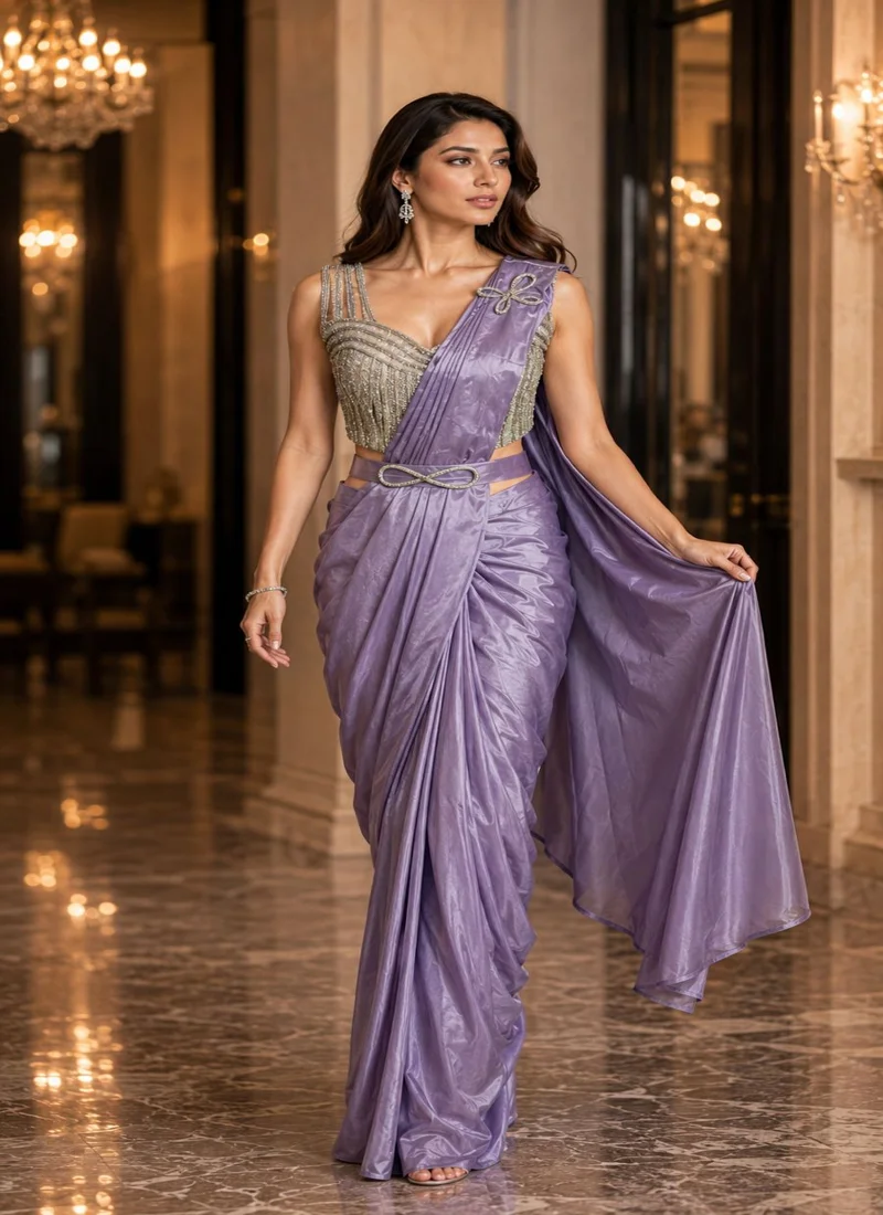 Light Purple Silk Ready To Wear,Lace Work Designer Saree for Women - AMOHA_Light_Purple