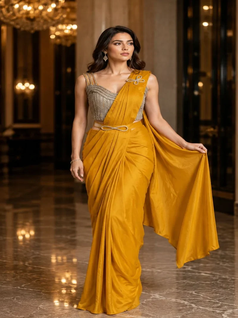 Yellow Silk Ready To Wear,Lace Work Designer Saree for Women - AMOHA_Yellow