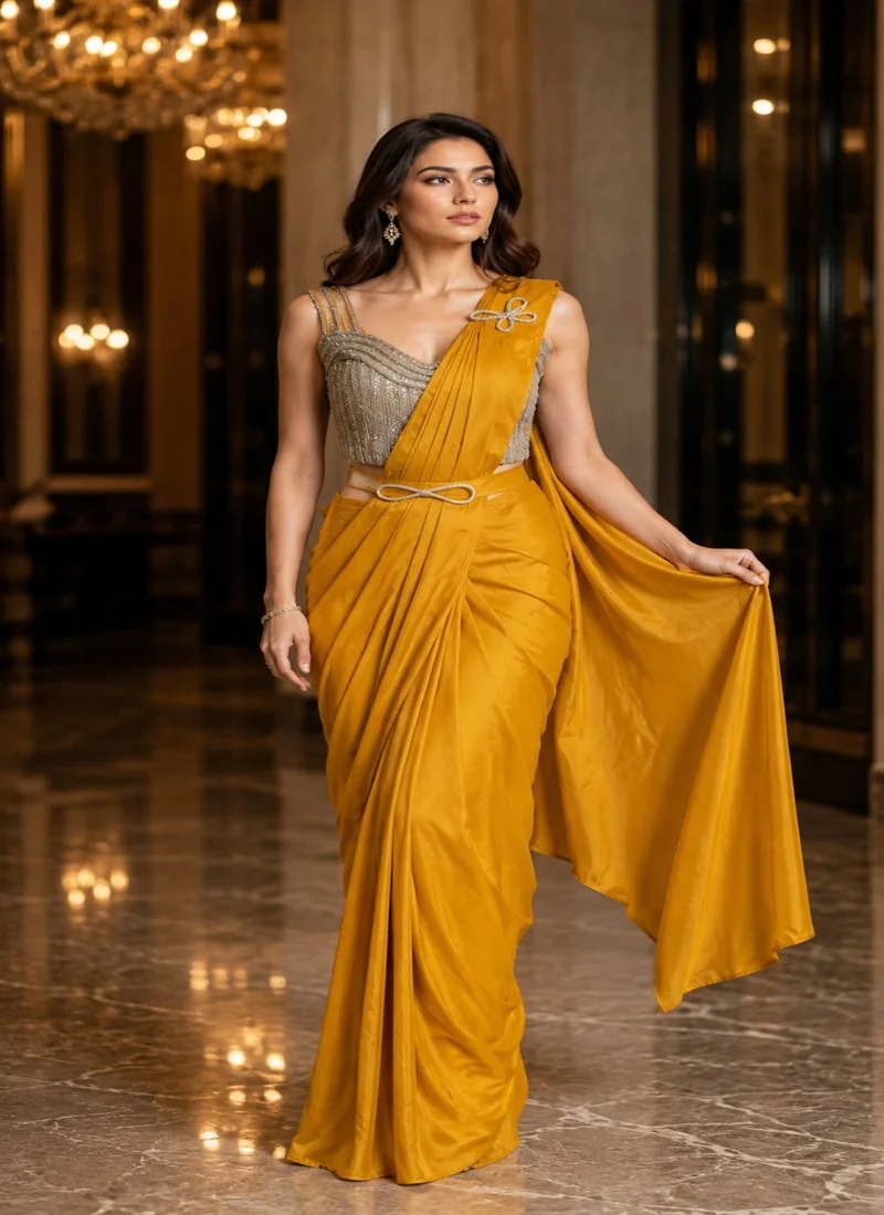 Yellow Silk Ready To Wear,Lace Work Designer Saree for Women - AMOHA_Yellow
