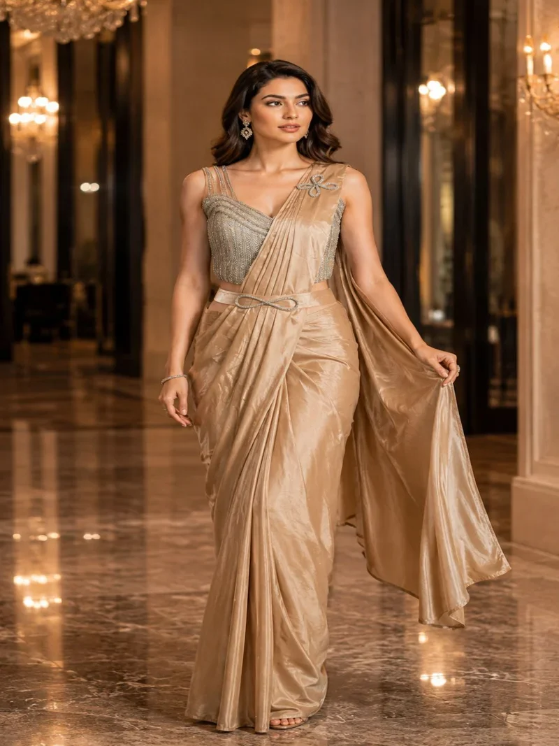 Cream Silk Ready To Wear,Lace Work Designer Saree for Women - AMOHA_Cream