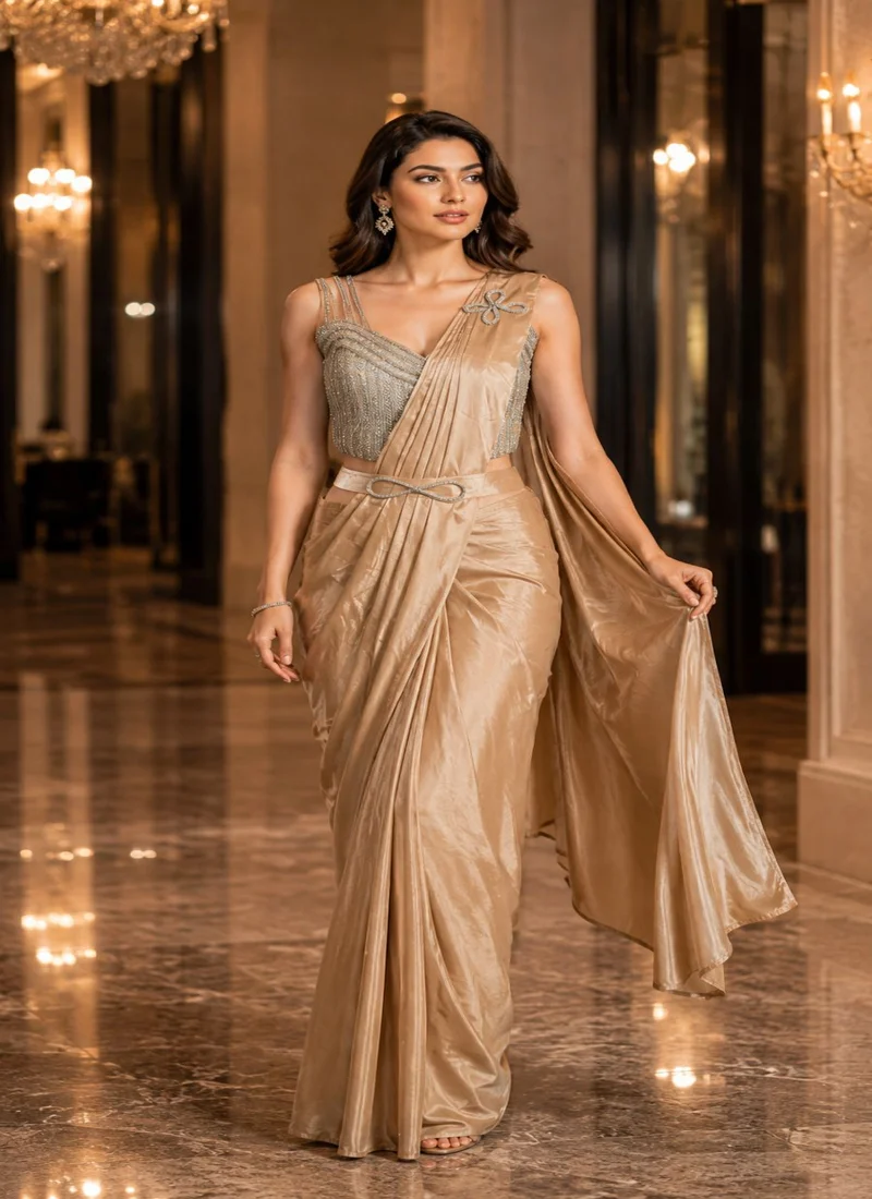 Cream Silk Ready To Wear,Lace Work Designer Saree for Women - AMOHA_Cream
