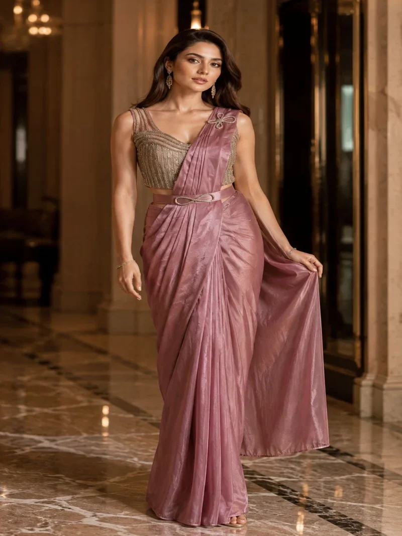 Pink Silk Ready To Wear,Lace Work Designer Saree for Women - AMOHA_Pink