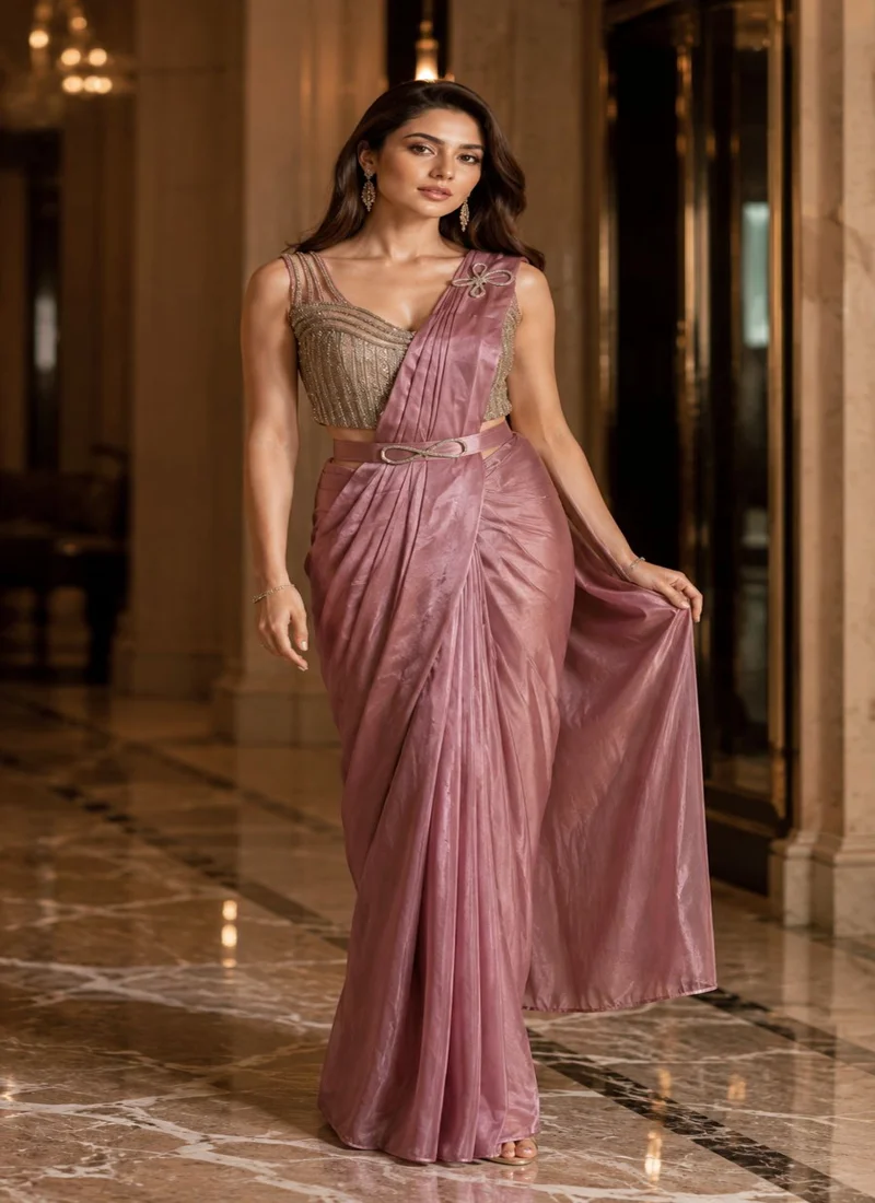 Pink Silk Ready To Wear,Lace Work Designer Saree for Women - AMOHA_Pink