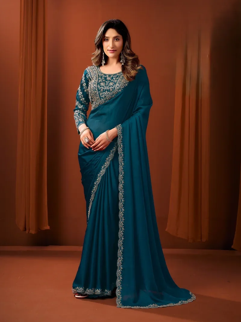 Sea  Green • Sattin Silk • Lace Border • Designer Saree - Ayushka1