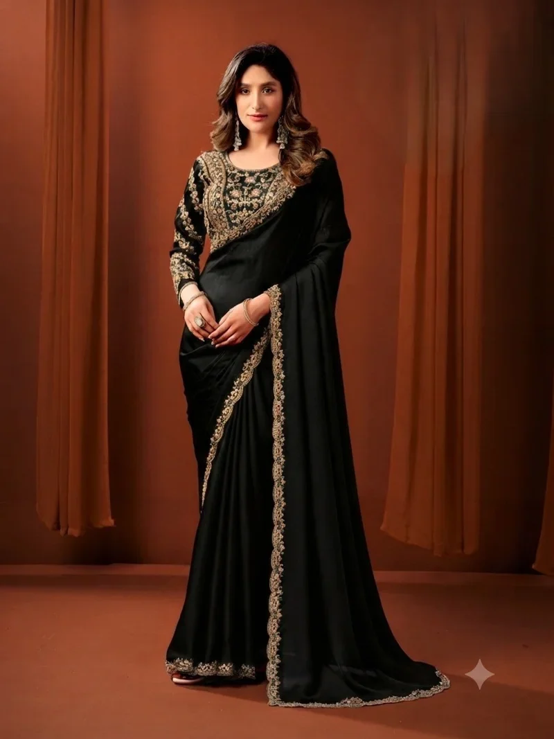 Black • Sattin Silk • Lace Border • Designer Saree - Ayushka3