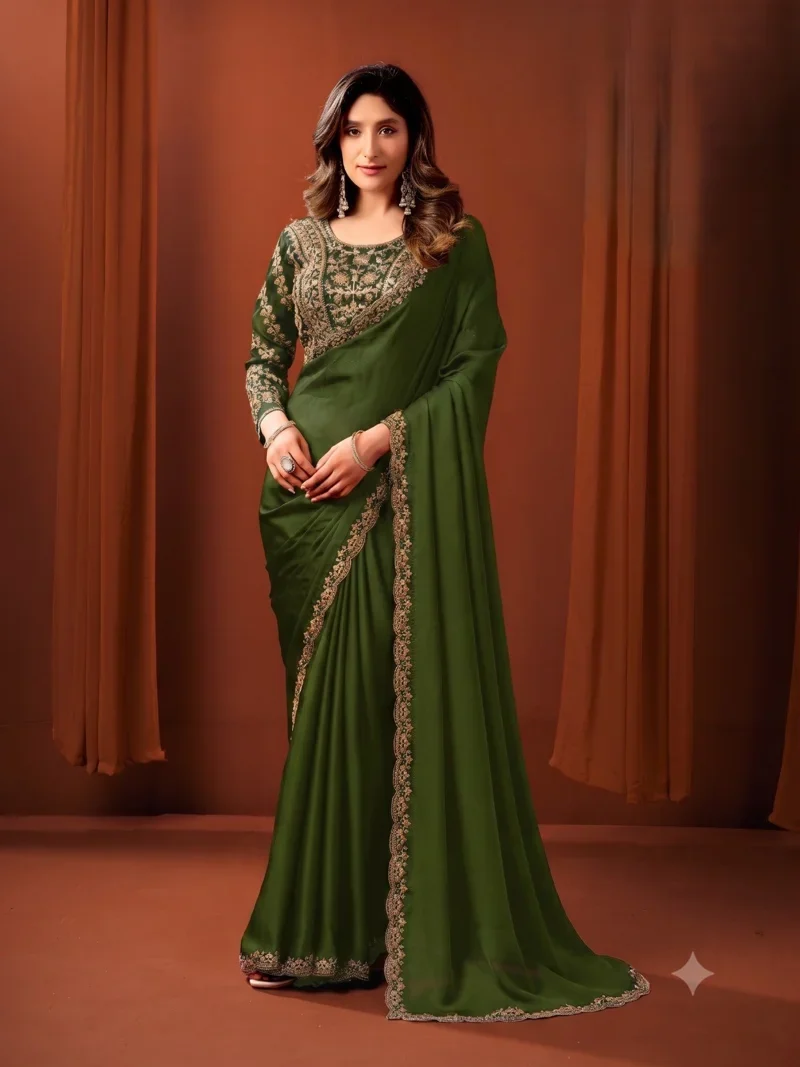 Green โข Sattin Silk โข Lace Border โข Designer Saree - Ayushka4