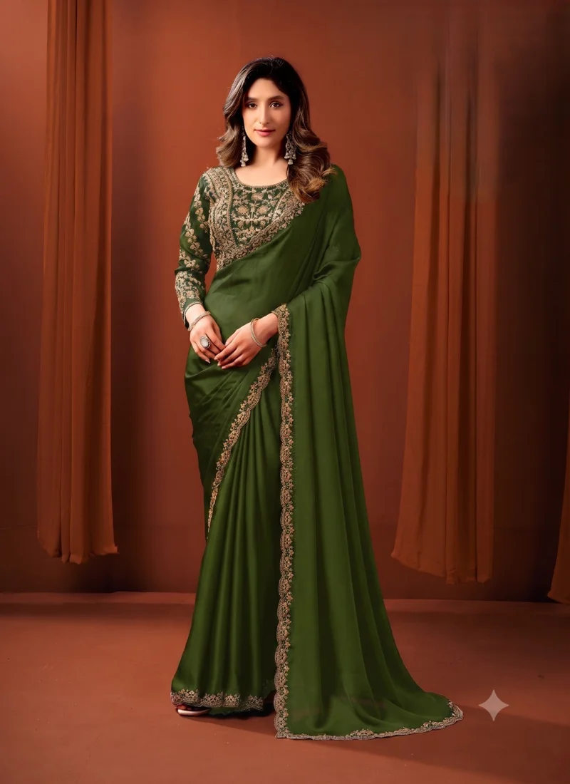 Green • Sattin Silk • Lace Border • Designer Saree - Ayushka4