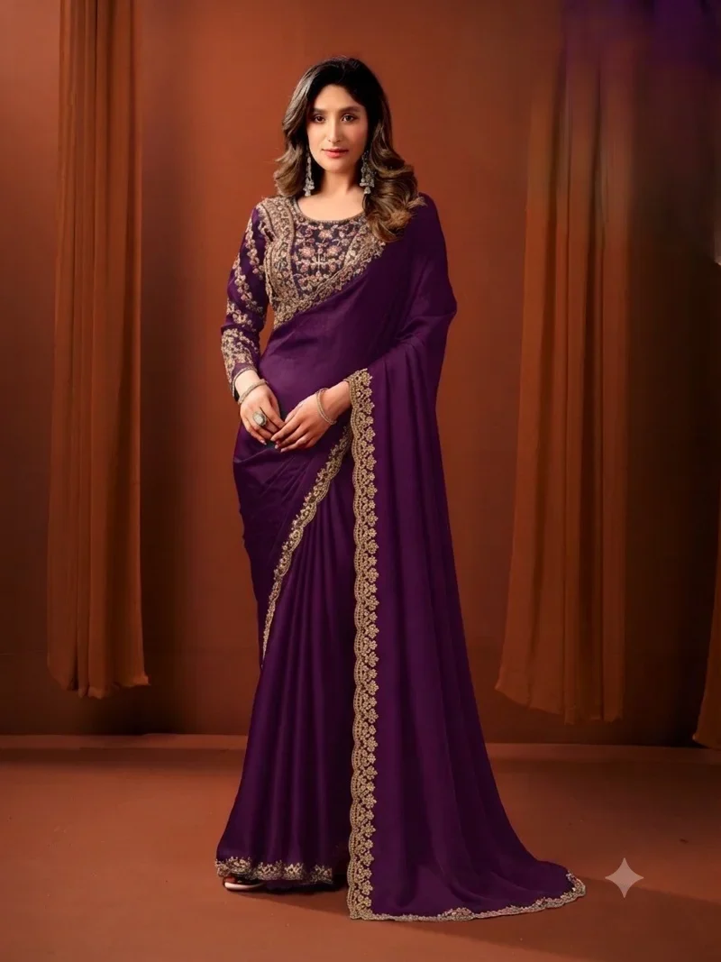 Violet • Sattin Silk • Lace Border • Designer Saree - Ayushka5