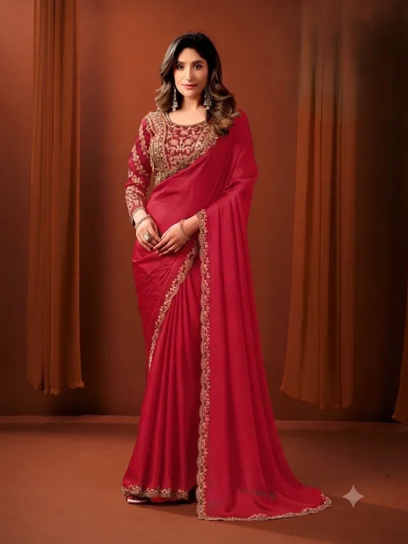 Red • Sattin Silk • Lace Border • Designer Saree - Ayushka6