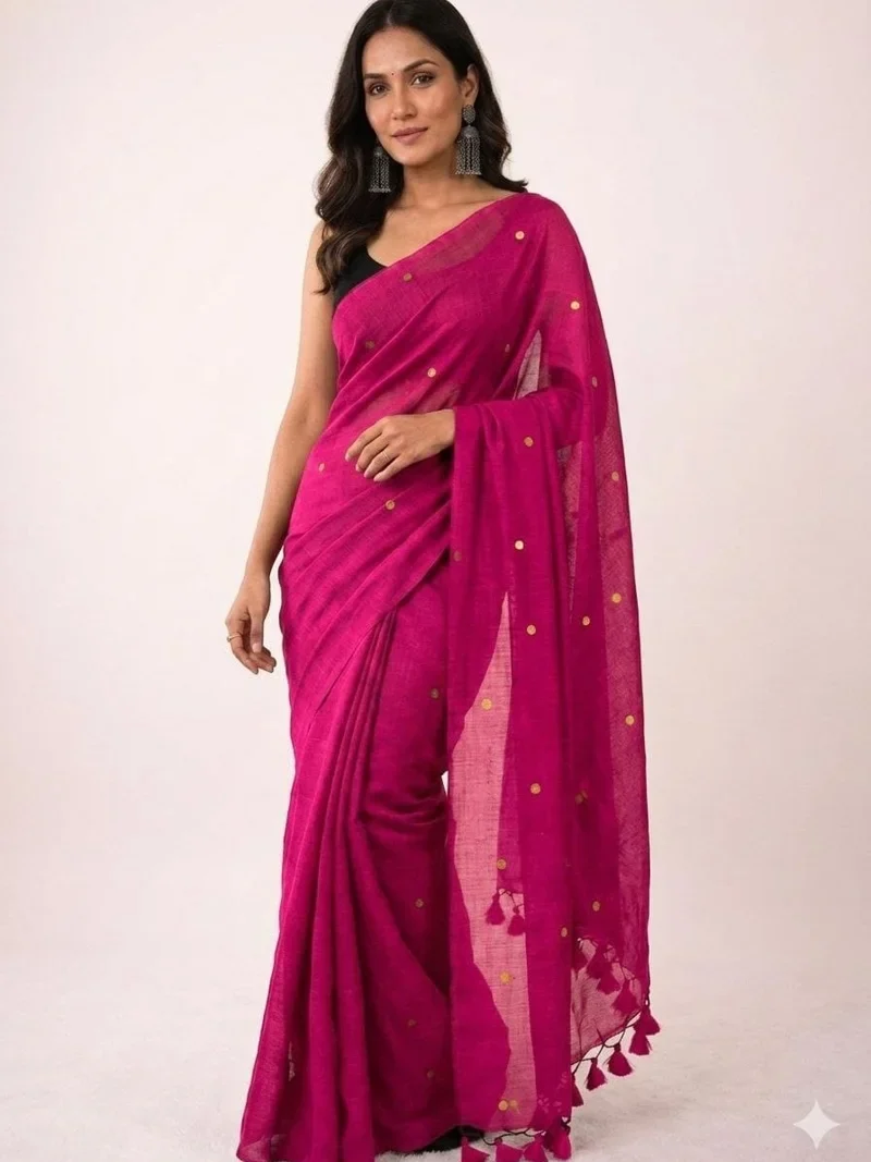 Dark Pink • Khadi Cotton • Gini Work • Designer Saree - BLOUSEWALA1