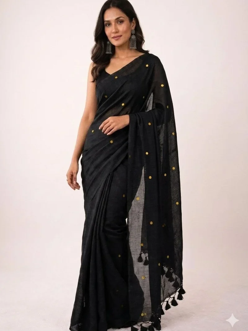 Black • Khadi Cotton • Gini Work • Designer Saree - BLOUSEWALA2