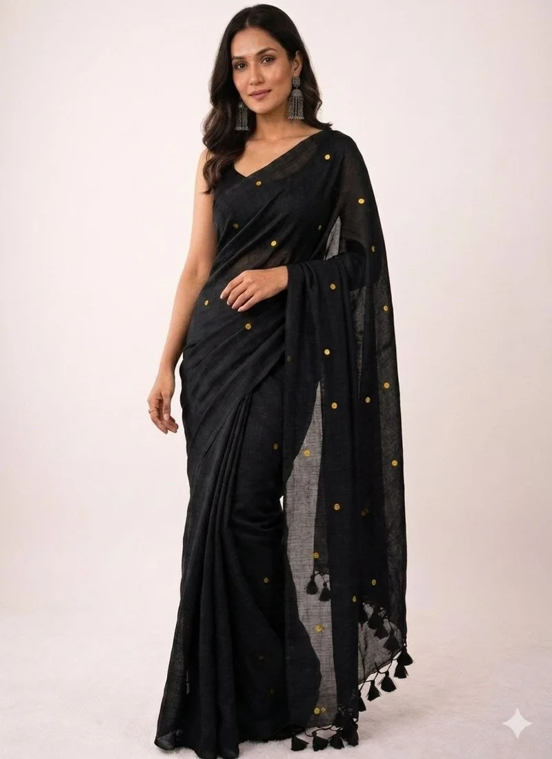 Black • Khadi Cotton • Gini Work • Designer Saree - BLOUSEWALA2