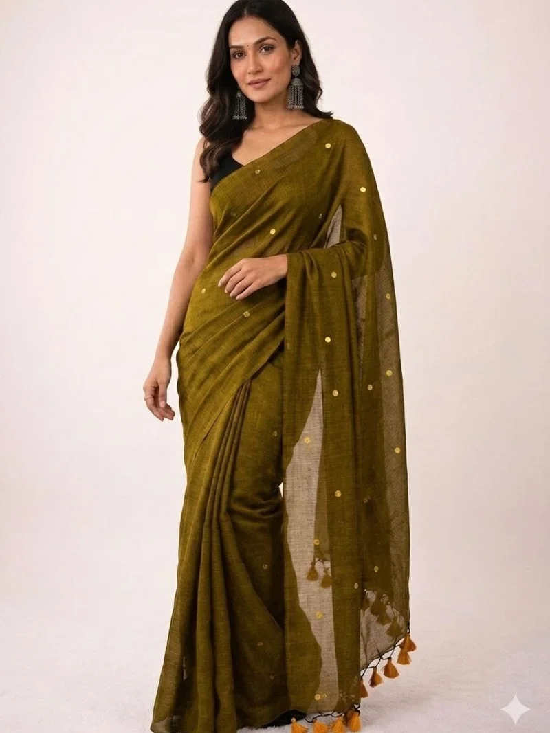 Brown • Khadi Cotton • Gini Work • Designer Saree - BLOUSEWALA3