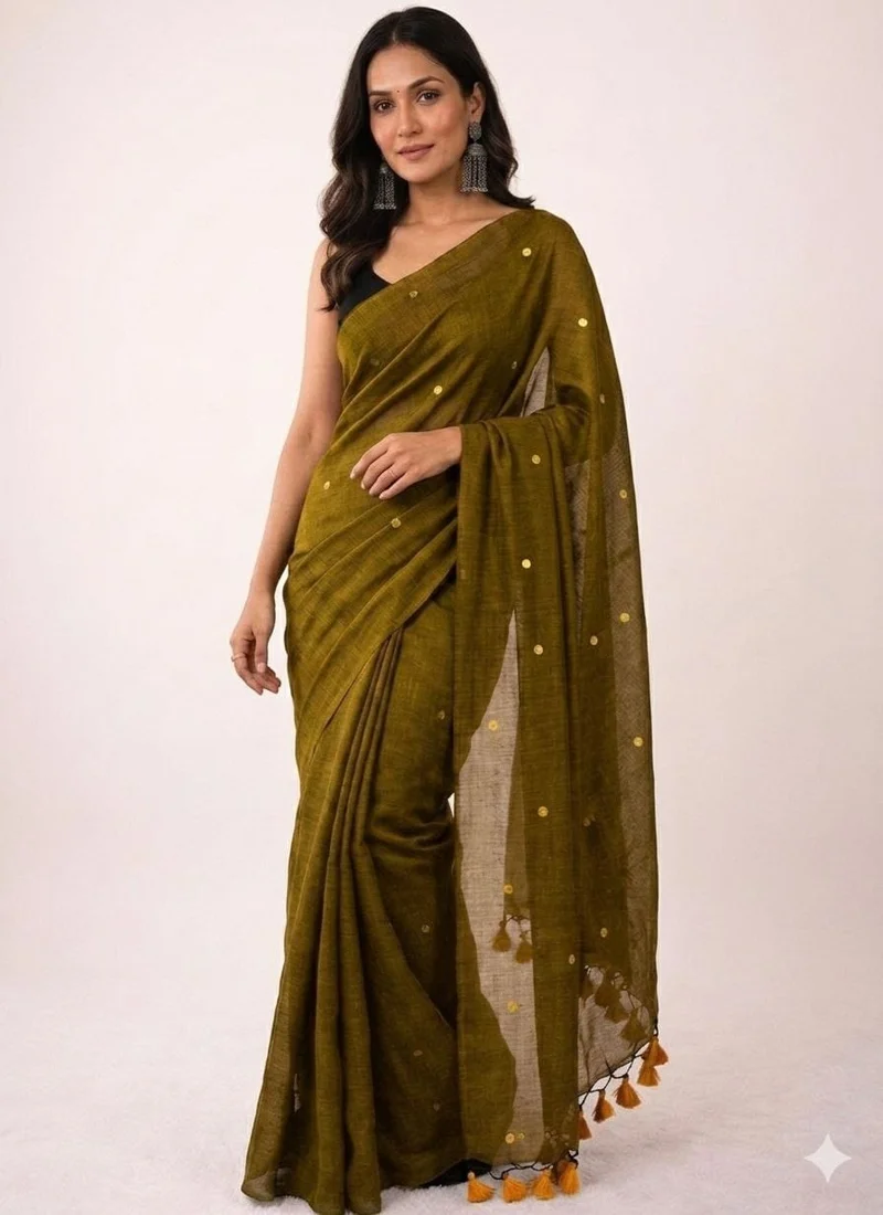 Brown • Khadi Cotton • Gini Work • Designer Saree - BLOUSEWALA3