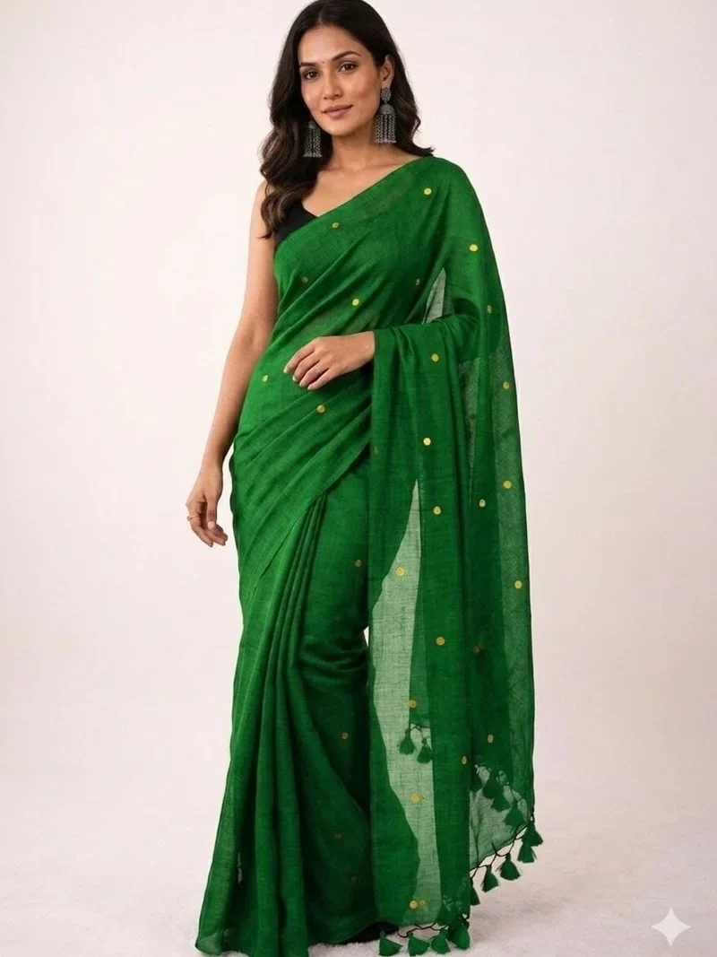 Green • Khadi Cotton • Gini Work • Designer Saree - BLOUSEWALA4