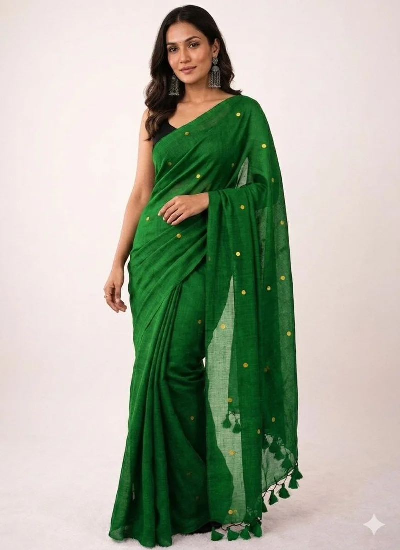 Green • Khadi Cotton • Gini Work • Designer Saree - BLOUSEWALA4