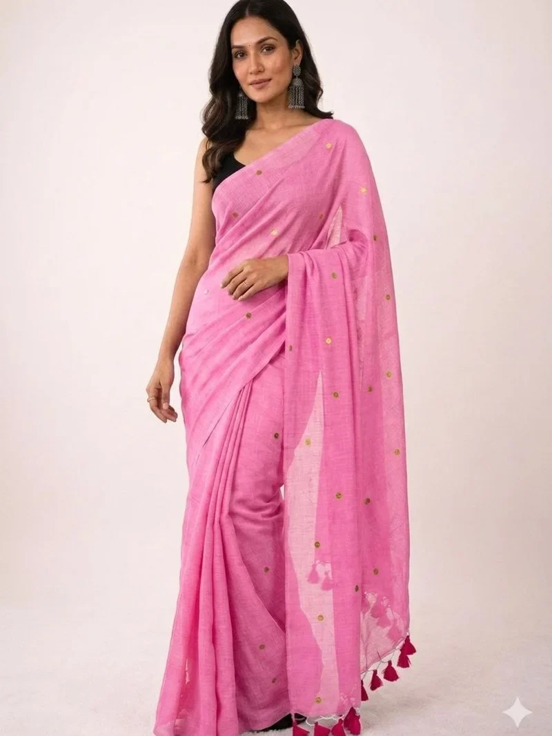 Light Pink • Khadi Cotton • Gini Work • Designer Saree - BLOUSEWALA5