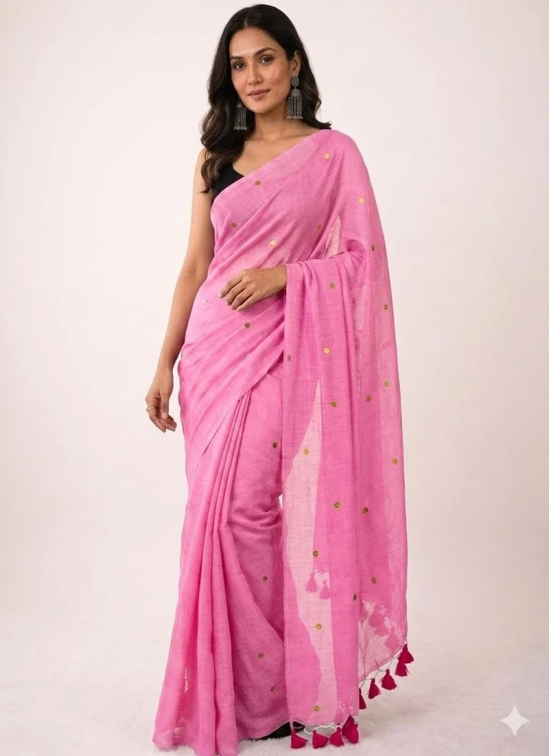 Light Pink • Khadi Cotton • Gini Work • Designer Saree - BLOUSEWALA5