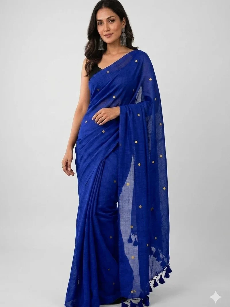 Blue • Khadi Cotton • Gini Work • Designer Saree - BLOUSEWALA6