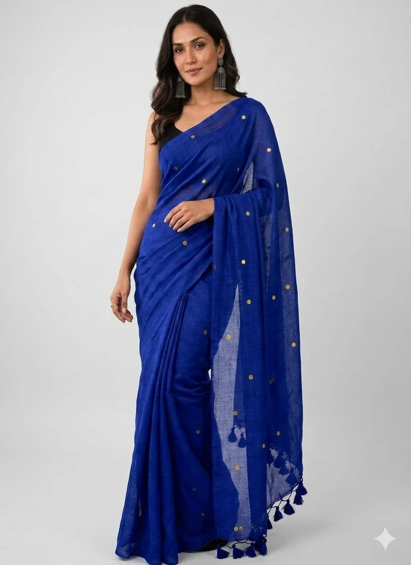 Blue • Khadi Cotton • Gini Work • Designer Saree - BLOUSEWALA6