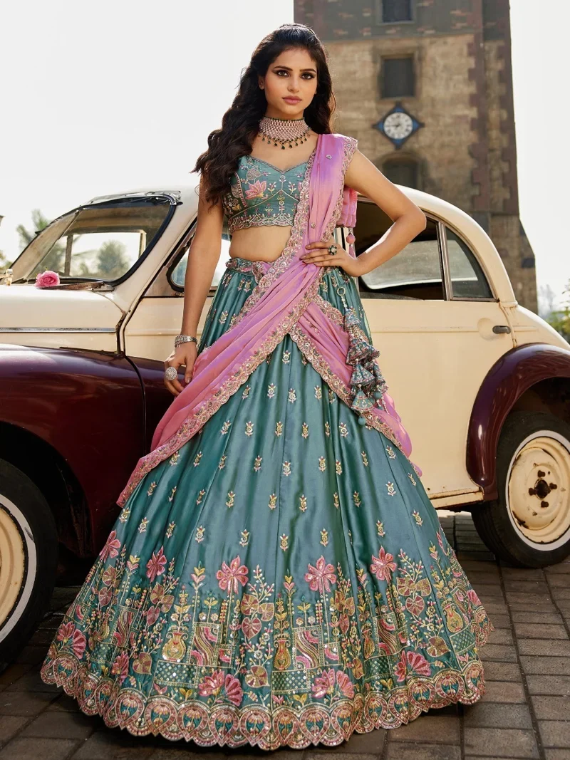Pink And  Grey • Rangoli Silk • Heavy Zari, Dori, Sequins & Multicolor Thread Embroidery • Designer Lehenga Choli - DRS230