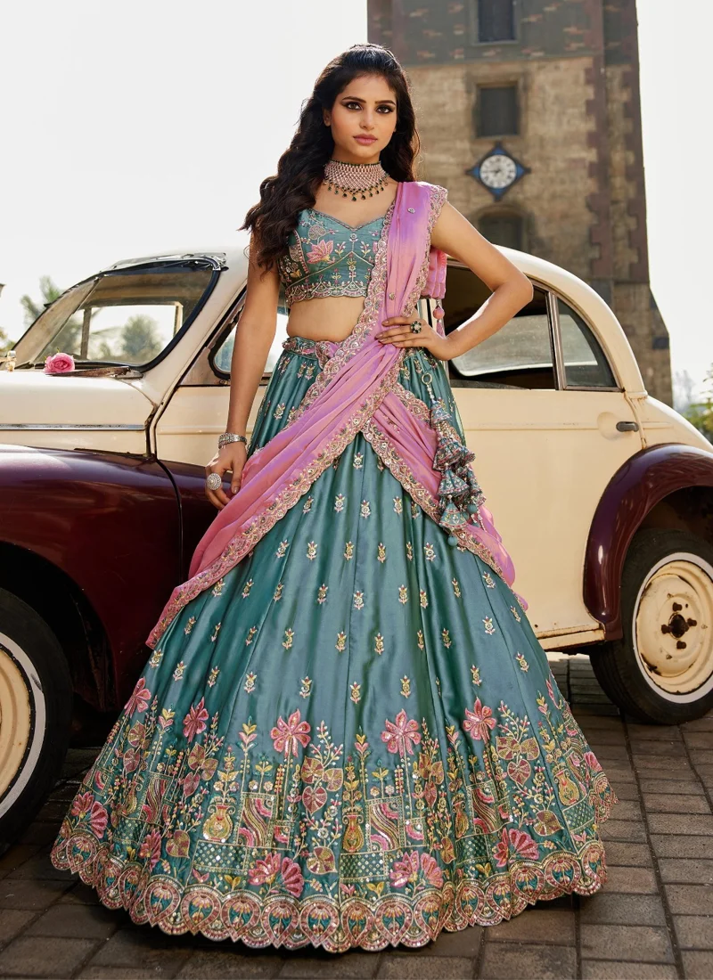 Pink And Grey • Rangoli Silk • Heavy Zari, Dori, Sequins & Multicolor Thread Embroidery • Designer Lehenga Choli - DRS230