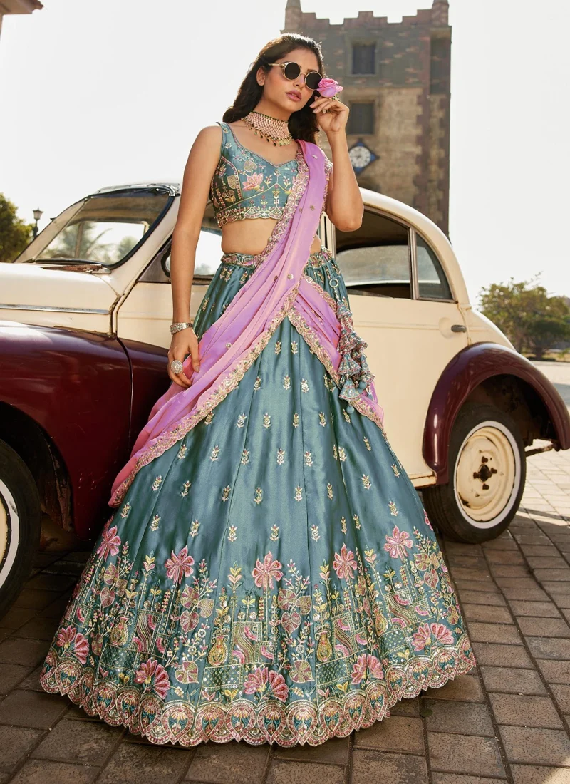 Pink And Grey • Rangoli Silk • Heavy Zari, Dori, Sequins & Multicolor Thread Embroidery • Designer Lehenga Choli - DRS230 - Image 2