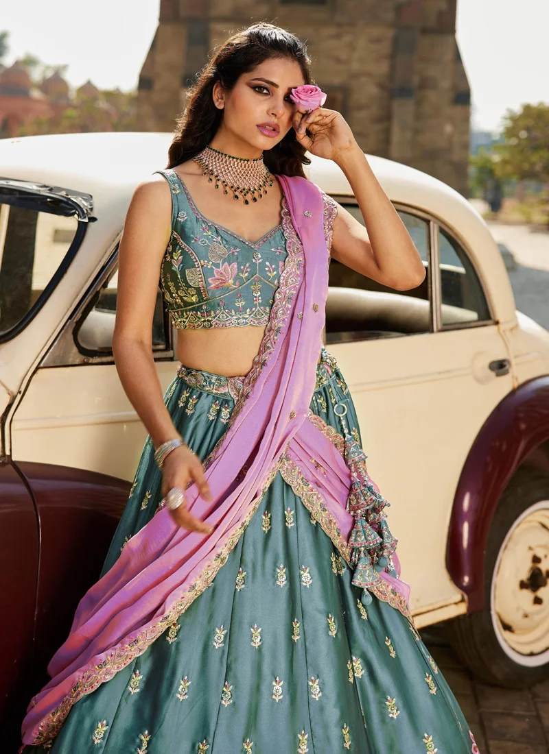 Pink And Grey • Rangoli Silk • Heavy Zari, Dori, Sequins & Multicolor Thread Embroidery • Designer Lehenga Choli - DRS230 - Image 3