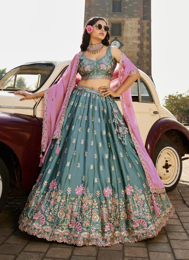 Pink And Grey • Rangoli Silk • Heavy Zari, Dori, Sequins & Multicolor Thread Embroidery • Designer Lehenga Choli - DRS230 - Image 4