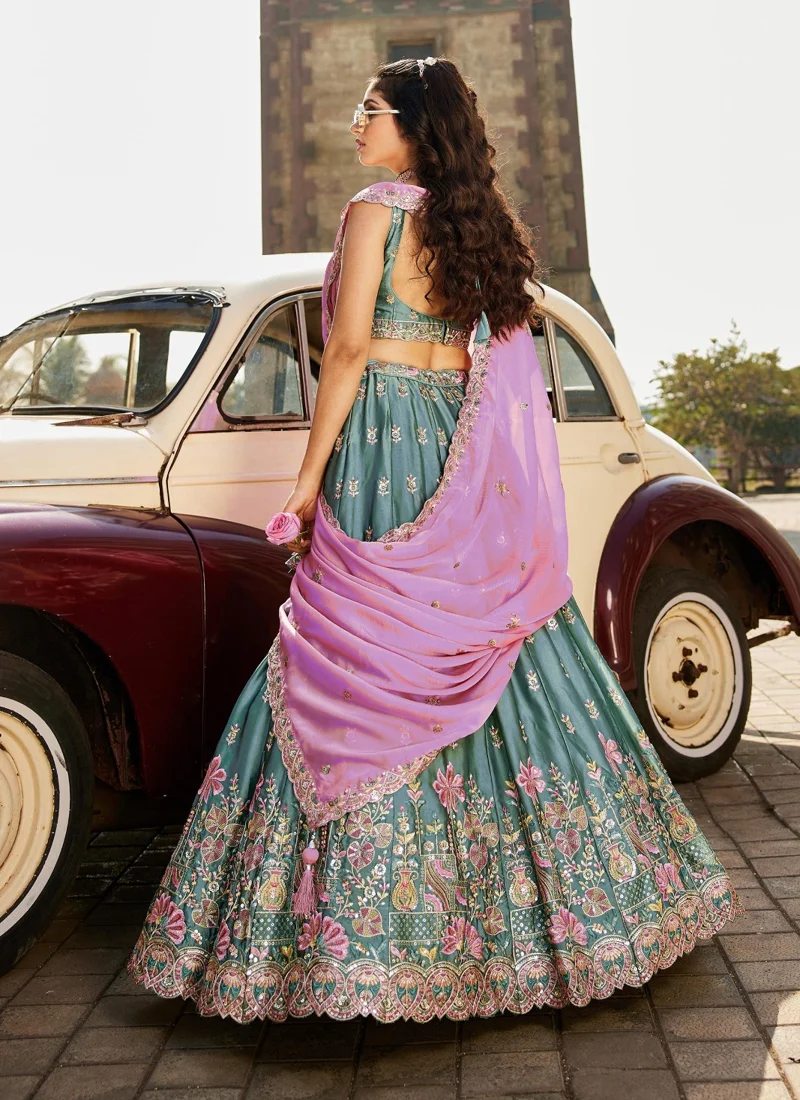 Pink And Grey • Rangoli Silk • Heavy Zari, Dori, Sequins & Multicolor Thread Embroidery • Designer Lehenga Choli - DRS230 - Image 6