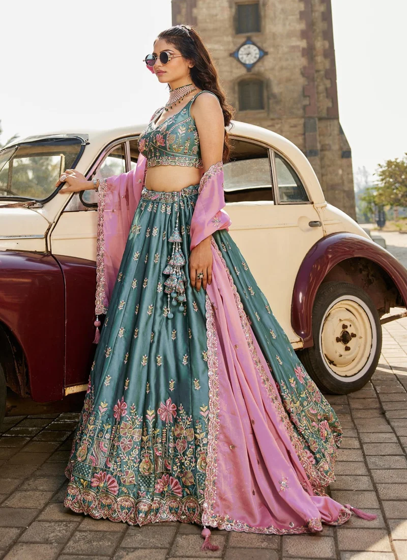 Pink And Grey • Rangoli Silk • Heavy Zari, Dori, Sequins & Multicolor Thread Embroidery • Designer Lehenga Choli - DRS230 - Image 7