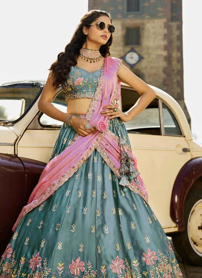 Pink And Grey • Rangoli Silk • Heavy Zari, Dori, Sequins & Multicolor Thread Embroidery • Designer Lehenga Choli - DRS230 - Image 8