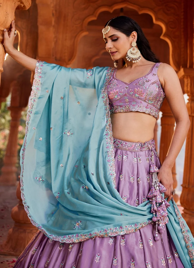 Light Purple • Rangoli Silk • Heavy Zari, Dori, Sequins & Multicolor Thread Embroidery • Designer Lehenga Choli - DRS231 - Image 3