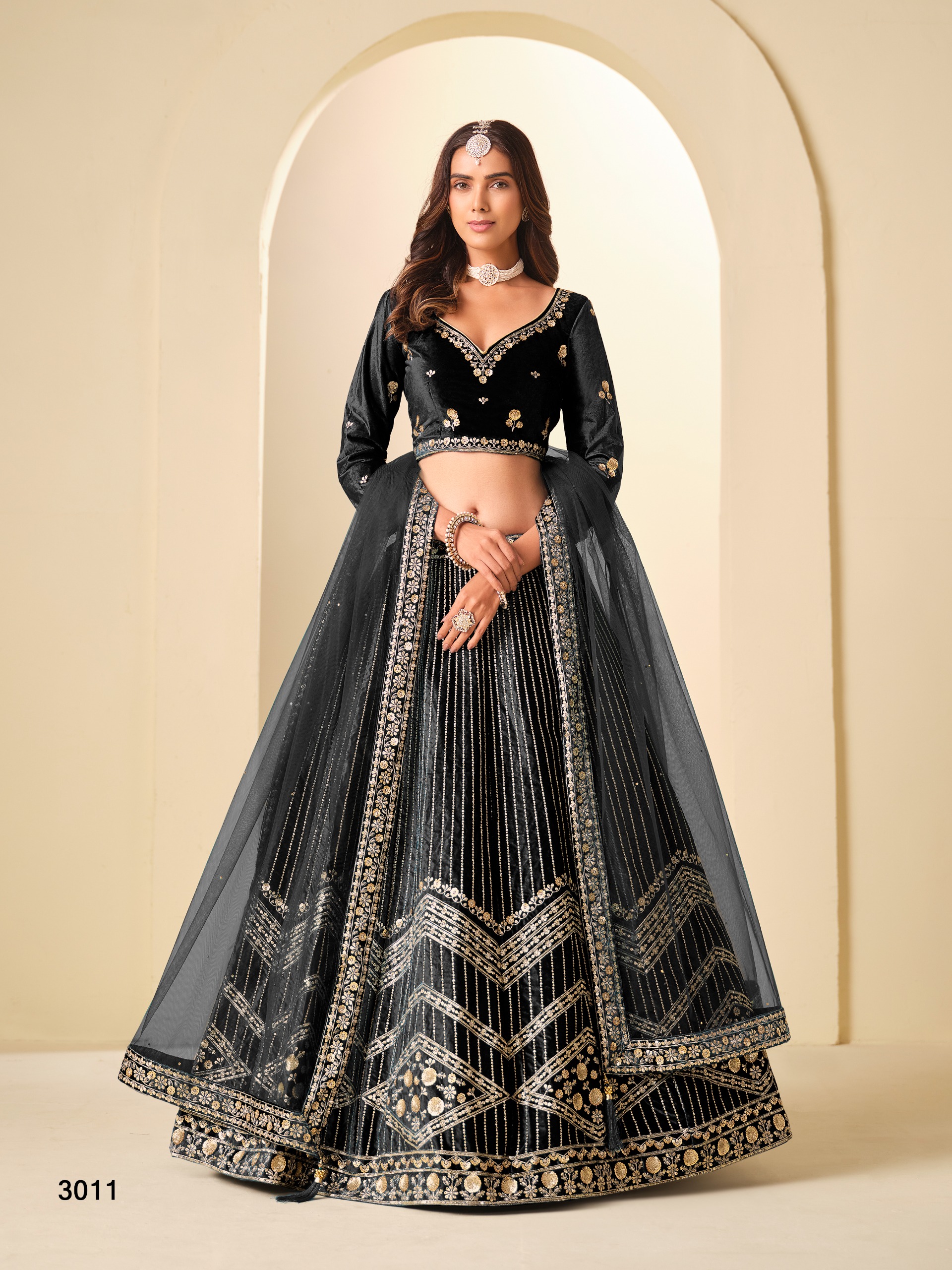 Black Ice Velvel Embroidered Designer Lehenga Choli for Women - Mehvis_Black