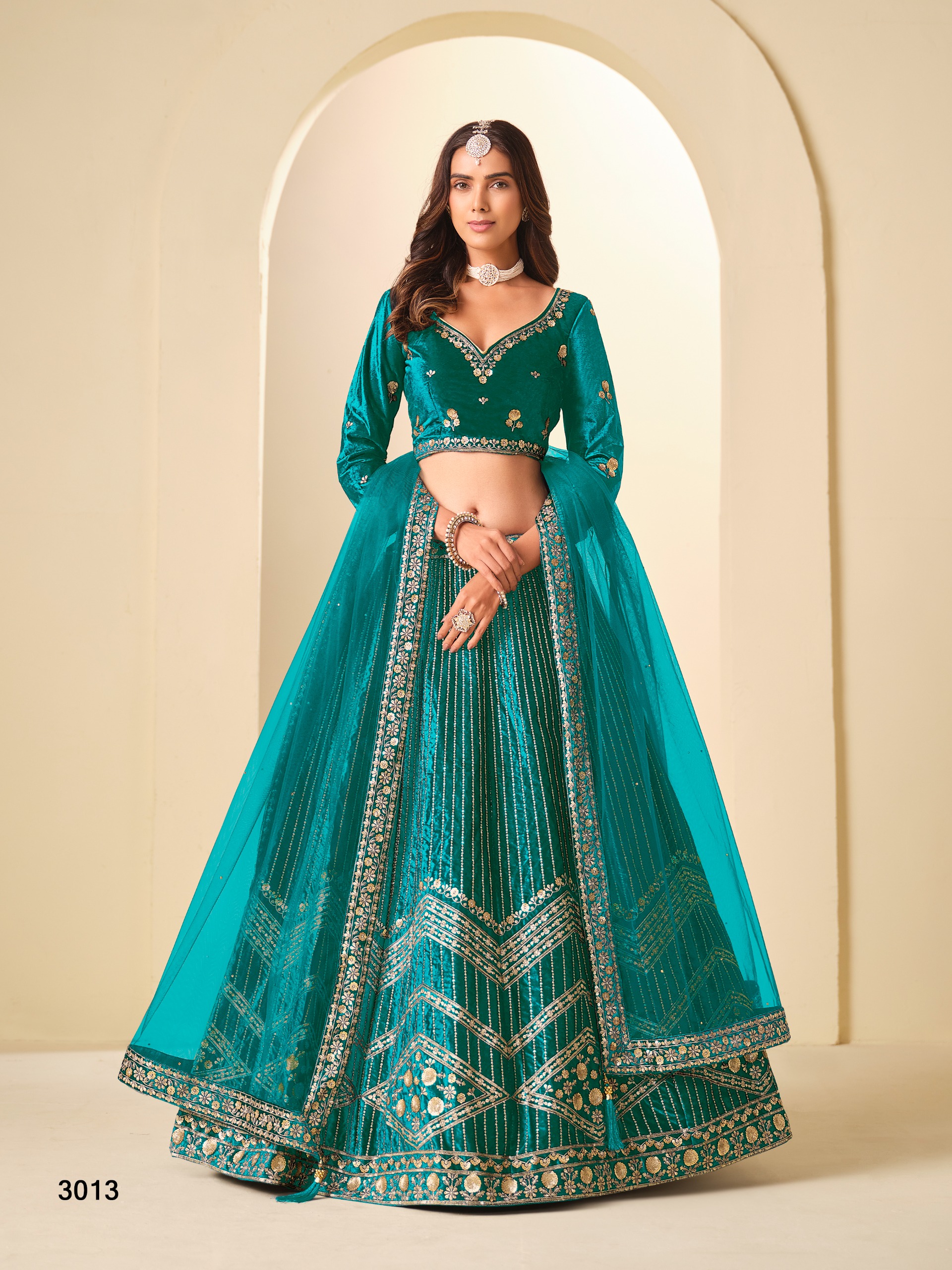 Bottle Green Ice Velvel Embroidered Designer Lehenga Choli for Women - Mehvis_Bottle_Green