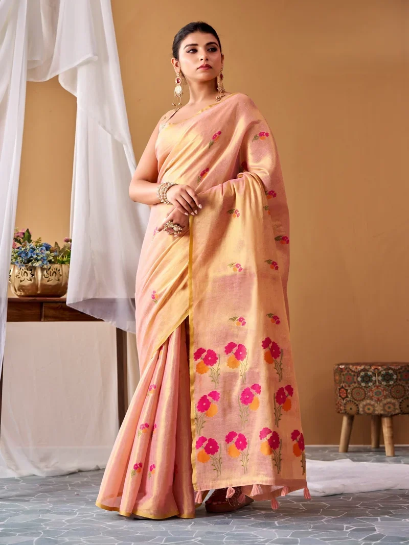 Peach • Tissue Silk • Premium Printed • Designer Saree - RP910