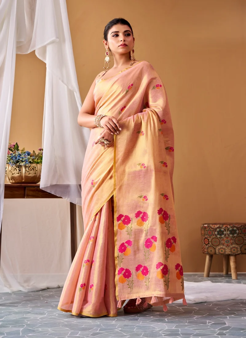 Peach • Tissue Silk • Premium Printed • Designer Saree - RP910