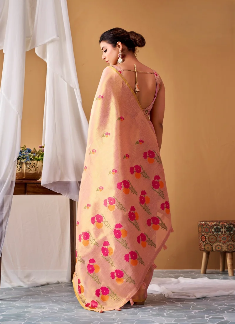 Peach • Tissue Silk • Premium Printed • Designer Saree - RP910 - Image 2