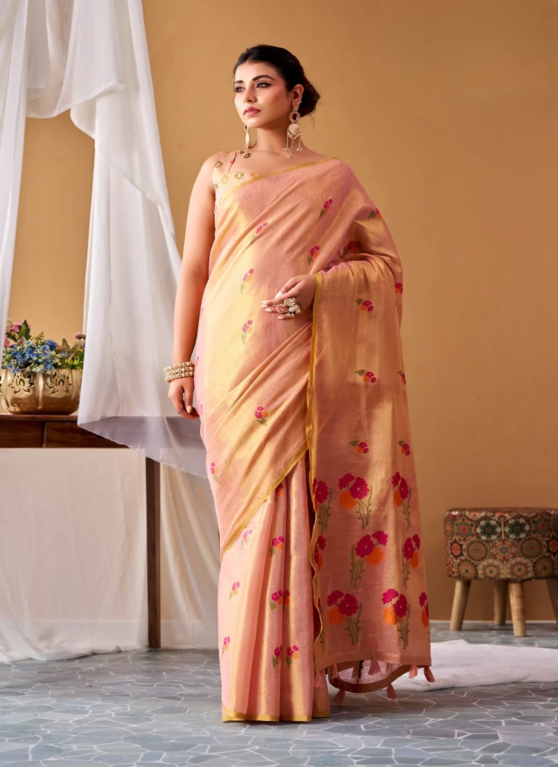 Peach • Tissue Silk • Premium Printed • Designer Saree - RP910 - Image 3